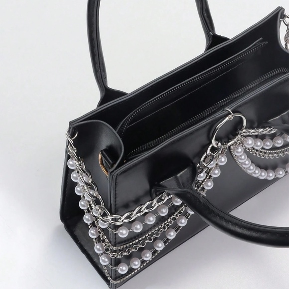 Punk Gothic Pearl Chain Mini Shoulder Bag – Small Black Crossbody Purse - Picture 4 of 6